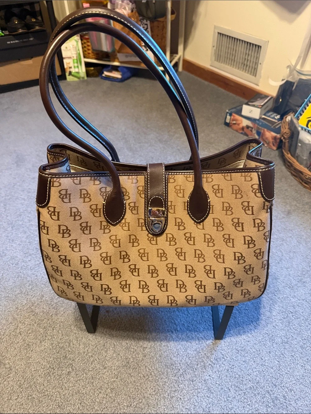 Dooney & Bourke Tan & Brown Monogram Large Canvas w/ leather Shoulder Bag - Picture 1 of 8